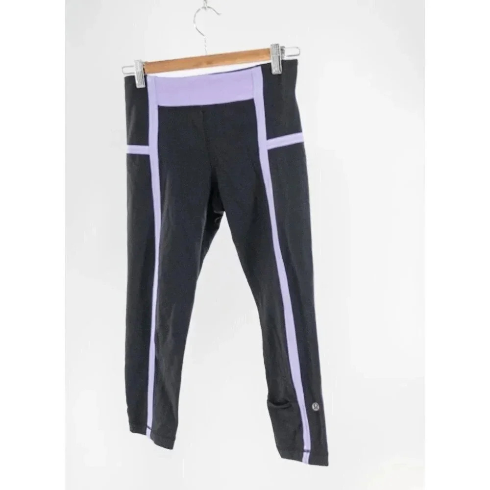 Lululemon  Black cropped leggings with lilac stripes | 4